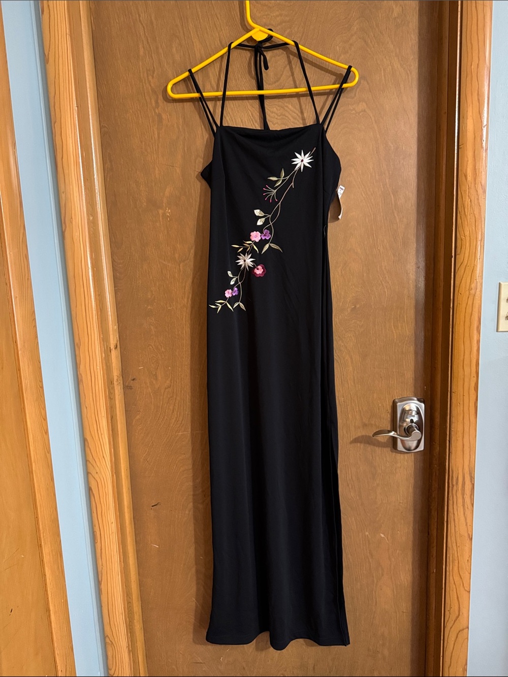 City Triangles Black Maxi Slip Dress with Pink & White Floral Embroidery